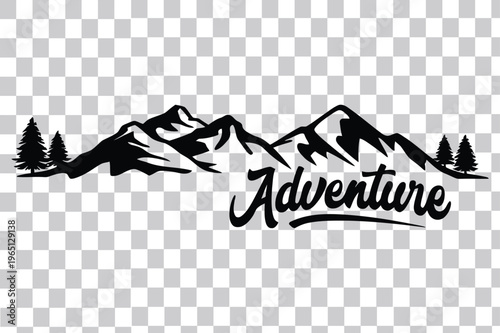 Dynamic mountain range silhouette with evergreen trees and 'Adventure' typography, a captivating graphic design for outdoor enthusiasts and travel-themed projects