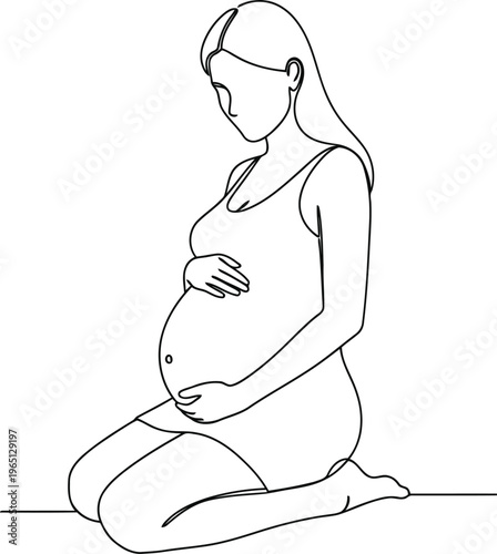 Minimalist line art drawing of a pregnant woman kneeling and holding her belly