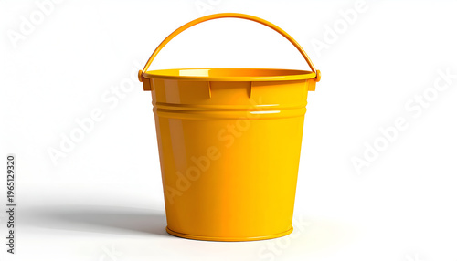 Bright yellow bucket with sturdy handle on white background for chores and storage