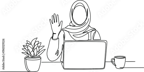 Woman in hijab waving hello while working on laptop