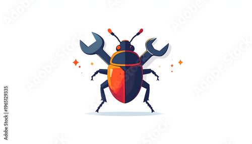 Bug repair illustration with crossed wrenches in minimalist cartoon style on white