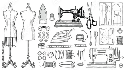 Vintage style illustrations of tailoring and dressmaking equipment such as mannequins, sewing machines, patterns, and various tools.