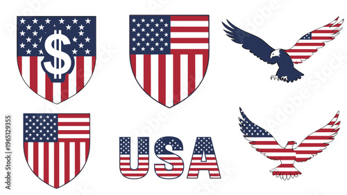 Collection of patriotic American symbols including shields and eagles decorated with the stars and stripes of the United States flag.