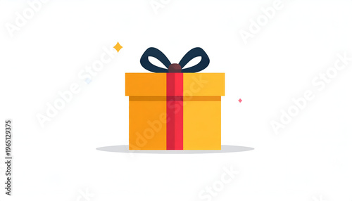 Cartoon gift box with red ribbon and dark blue bow on a white background; vector