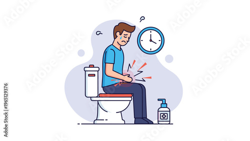 Informative illustration of a man sitting on a toilet experiencing severe stomach pain and indigestion with medical symbols nearby.