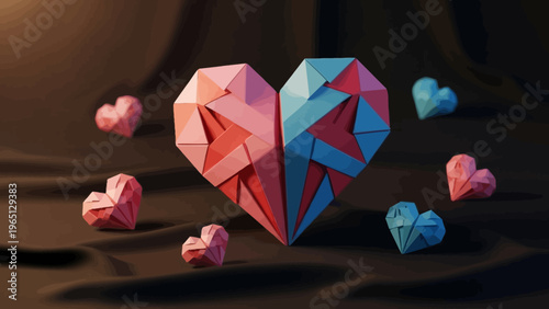 Geometric Origami Heart with Pink and Blue Sections, Artistic Design
