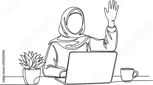 Woman in hijab working on laptop with plant and coffee sketch