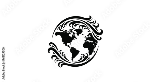 Global ornamental design with a stylized world map at the center.