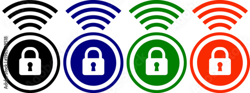 Secure wireless padlock icons with signal waves black blue green orange