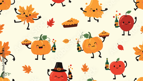 Seamless autumn pattern with cute cartoon pumpkins, fallen maple leaves, apple characters, and delicious thanksgiving pies.