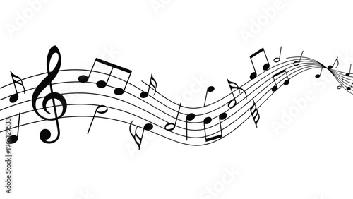 Musical notes and symbols flowing across a curved five-line staff with a prominent treble clef on a white background.
