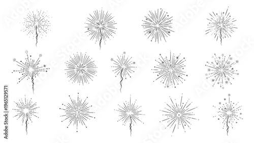 Set of vector firework bursts and sparkler icons with radial line patterns representing celebrations and holiday events.