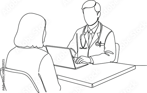 Doctor consulting with patient at desk with laptop sketch