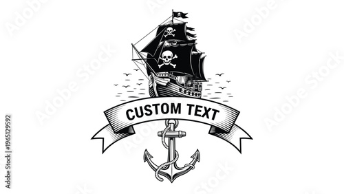 Vintage pirate ship emblem featuring a black sailing vessel with skull and crossbones, a large anchor, and a banner.