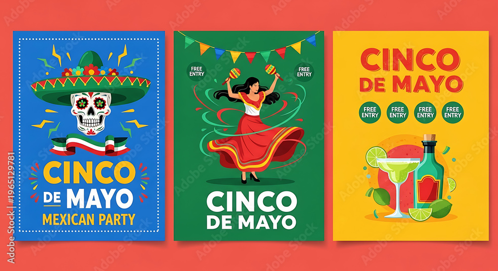 Fototapeta premium Cinco de Mayo celebration posters with skull sombrero dancer and margarita mexican party