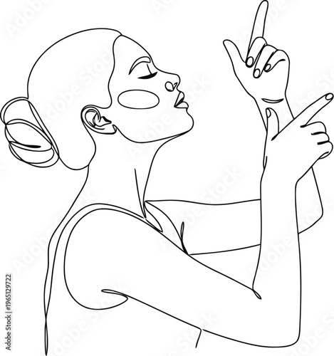 Minimalist line art drawing of a woman looking upwards with a flower