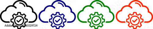 Cloud computing icons with gear and checkmark in black blue green and red for service