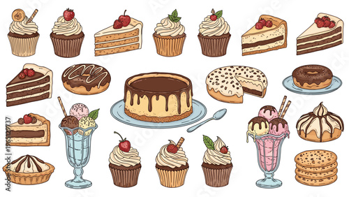 Assorted dessert illustrations including cupcakes, chocolate cakes, donuts with sprinkles, fruit pies, and ice cream sundaes.