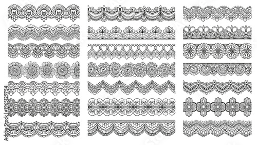 Collection of intricate black and white lace border designs featuring floral patterns and decorative geometric scalloped edges.
