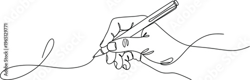 Hand holding a pen creating flowing cursive script with delicate lines