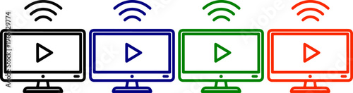 Computer monitor icons with play button in black blue green and red for streaming media