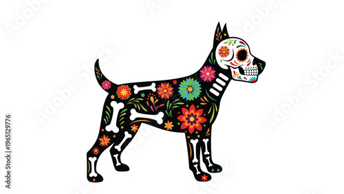 Dog silhouette decorated with vibrant flowers and bones in the style of mexican day of the dead sugar skull art.