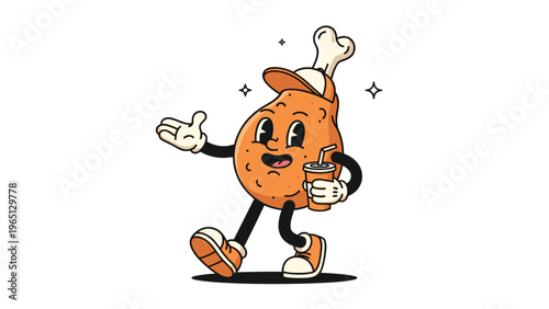 Funny cartoon fried chicken leg character walking while wearing a cap and holding a refreshing soda drink with a straw.