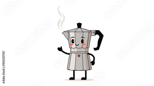 Friendly cartoon moka pot character with a smiling face waving its hand while steam rises from freshly brewed coffee.