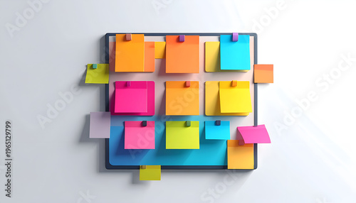 Colorful sticky notes on blue board attached with clips in a vibrant 3D render