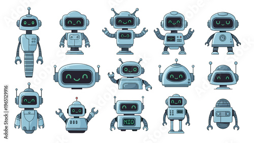 Large set of cute robot characters with various mechanical shapes and friendly glowing green faces on a white backdrop.