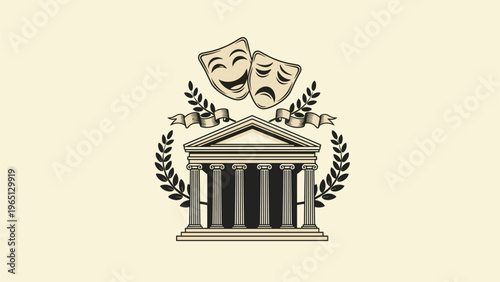 Classical theater logo featuring comedy and tragedy drama masks positioned above a majestic ancient greek temple facade.
