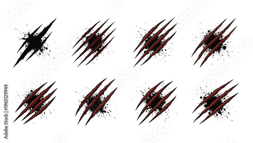 Set of sharp claw marks and animal scratches with red blood-like splatters and jagged edges for horror and action themes.
