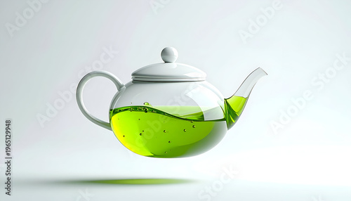 Elegant glass teapot filled with vibrant green tea against clean white background
