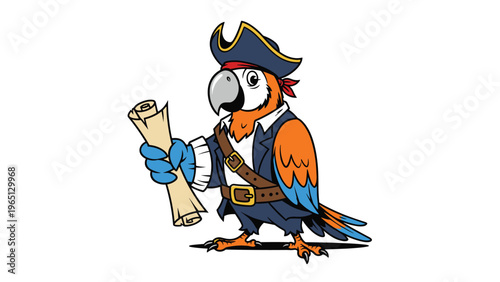 Colorful cartoon parrot pirate character wearing a bicorne hat and coat while holding a rolled-up secret treasure map.