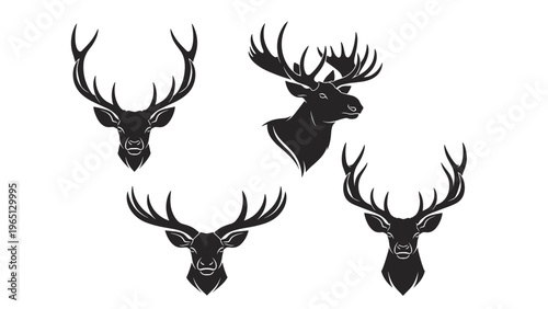 Black silhouettes of deer and moose heads with impressive antler spreads viewed from different angles for hunting logos.