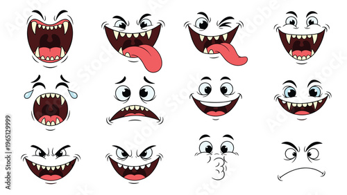 Set of expressive monster or vampire mouths featuring sharp white fangs, long pink tongues, and various angry expressions.