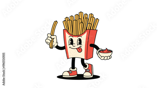 Retro cartoon style french fries character in red box holding a fry and a bowl of ketchup with a playful expression.