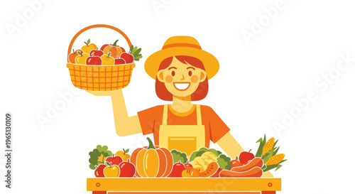 Woman holding basket of fresh vegetables.