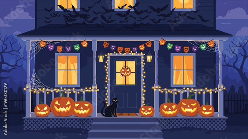 Spooky two-story house decorated for Halloween with jack-o-lanterns, bats, black cat, and colorful festive string lights.