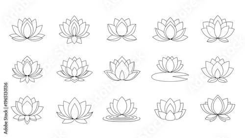 Diverse collection of lotus flower line art icons and symbols representing purity, beauty, and spiritual enlightenment.
