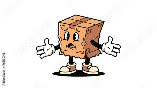 Melancholy cartoon cardboard box character with expressive face and hands looking worried and confused on white background.