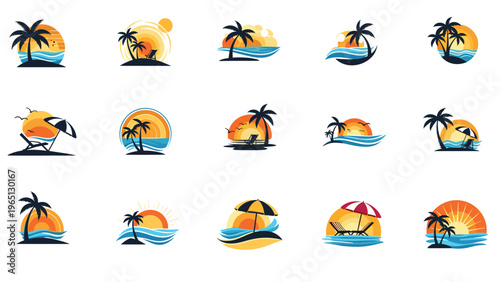 Series of fifteen tropical beach sunset logo icons featuring palm trees, ocean waves, sun, and lounge chairs on islands.