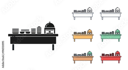 Colorful buffet tables with food warmers.