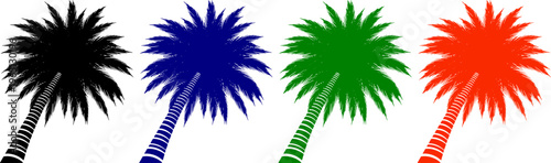 Four stylized palm trees in different colors black blue green and red against transparent background
