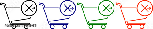 Shopping cart icons with delete symbols in black blue green and red over transparent background