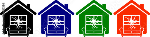 Houses with cracked windows and sofa inside in black blue green and red vector art