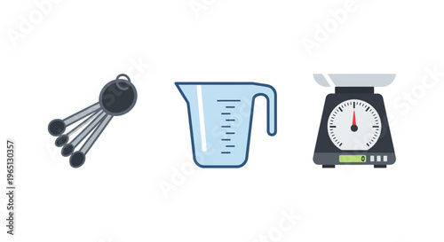 Kitchen measuring cups and spoons tools.