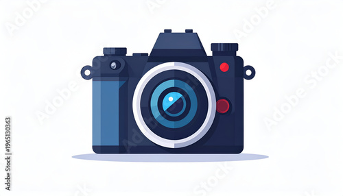 Illustration of a black vintage camera with a retro lens and red shutter button detail