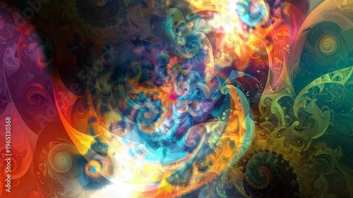 An abstract vibrant design featuring intricate swirling patterns and colors