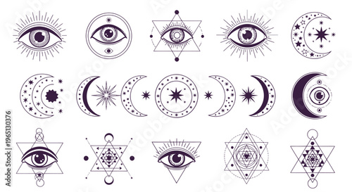 Various mystical symbols and eyes.